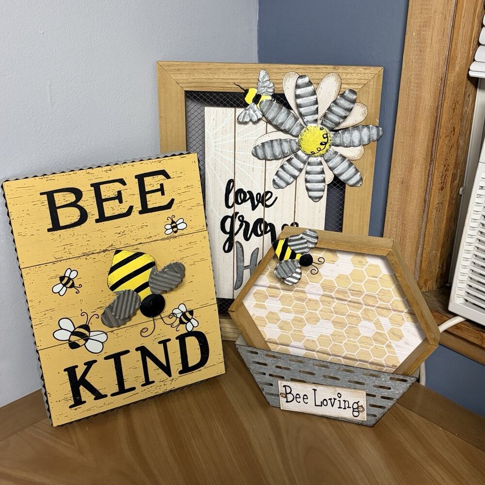 "Bee Kind" Bumblebee Painted Wood And Galvanized Metal Wall Decor & Shelf Set